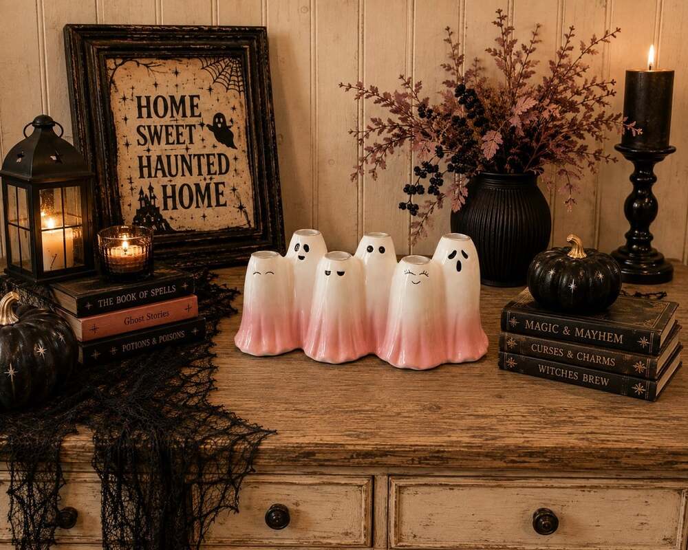New Ceramic Halloween Spooky White W/ Pink Ghost Family 6 Candle Holder Decor - Picture 2 of 4
